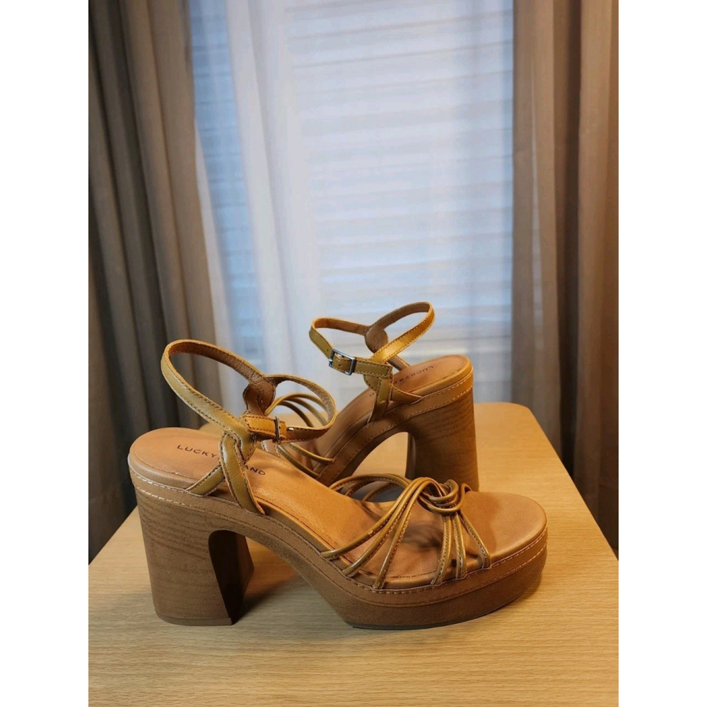 Lucky Brand Cognac Brown Retro Chic Classic Wooden Platform Sandals SZ 9.5 M - Picture 11 of 16